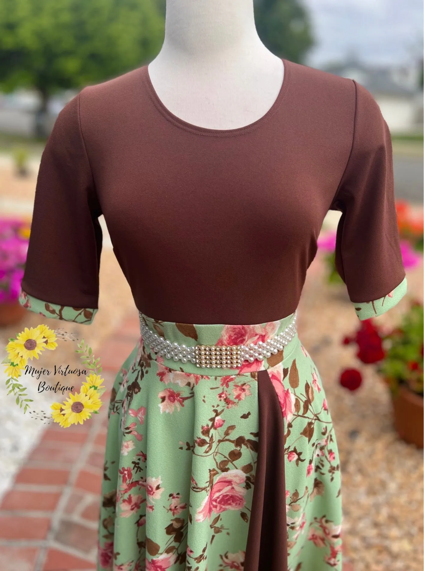 Brown & Green Floral Retro Dress