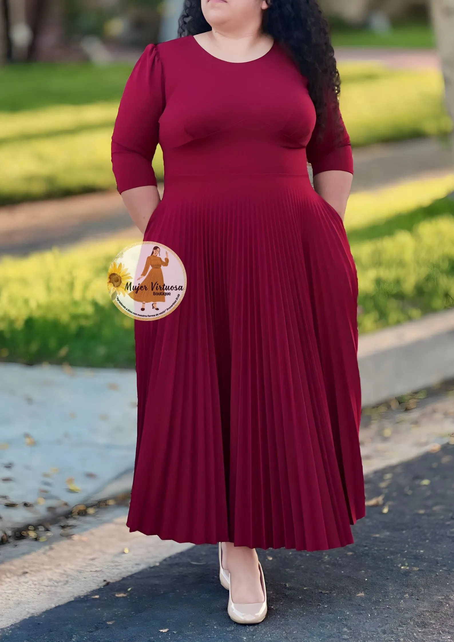 Cristel Burgundy Pleated Maxi Dress