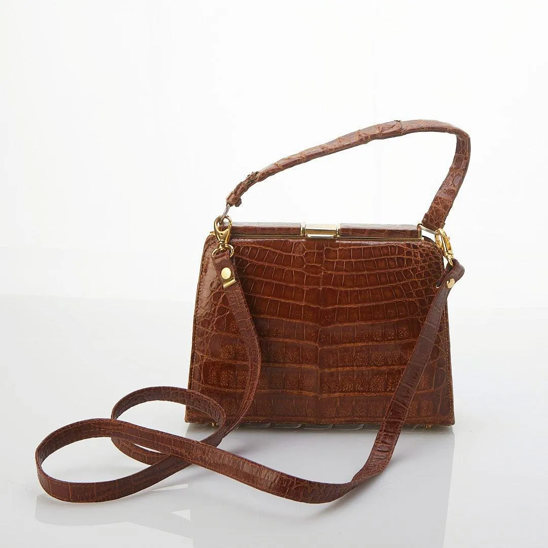 Cuero Yacare Leather Crocodile Brown Handbag