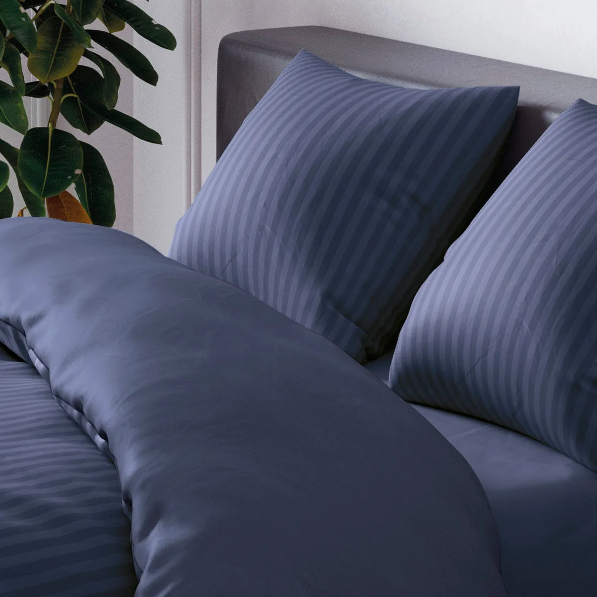 Housse de couette   taie(s) d'oreiller en satin de coton - Bleu foncé rayé