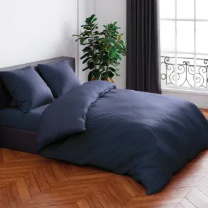 Housse de couette   taie(s) d'oreiller en satin de coton - Bleu foncé rayé