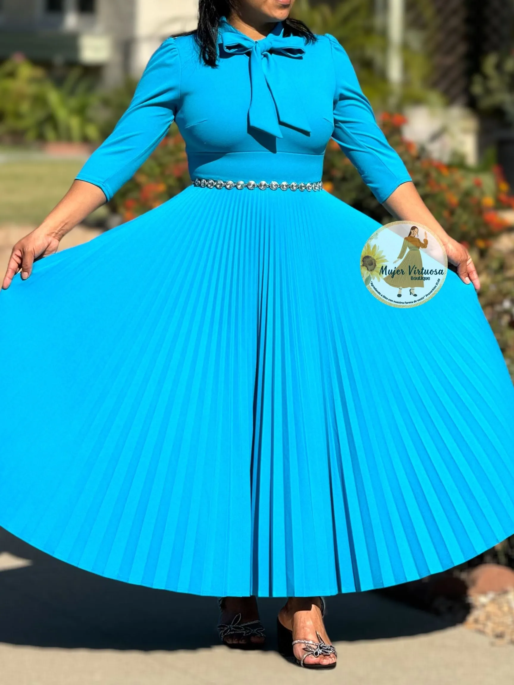 Melanie Cyan Blue Pleated Dress