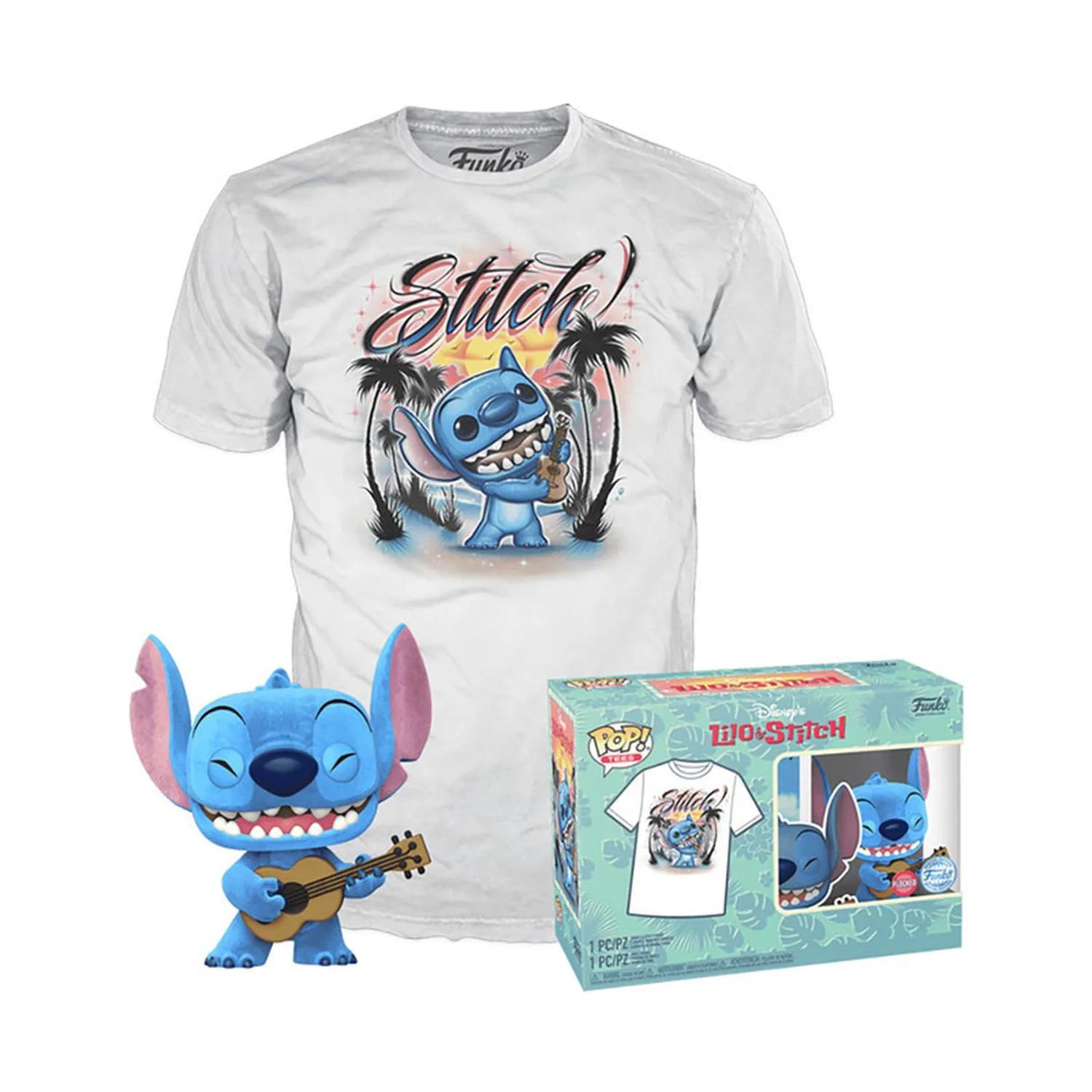 New Arrival Funko Set Pop & Playera Stitch With Ukulele 1044 Flocked Lilo & Stitch Talla G