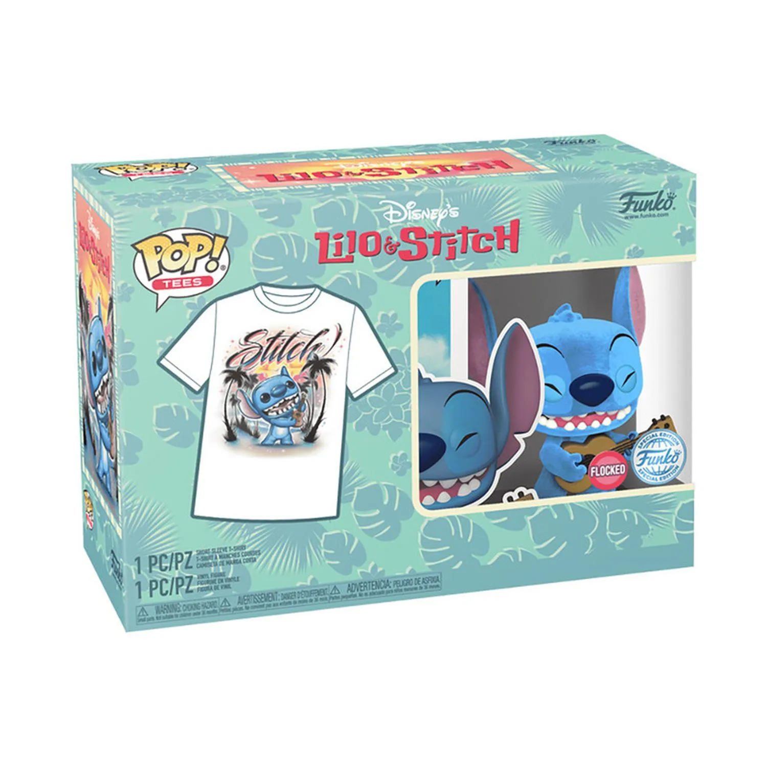 New Arrival Funko Set Pop & Playera Stitch With Ukulele 1044 Flocked Lilo & Stitch Talla G