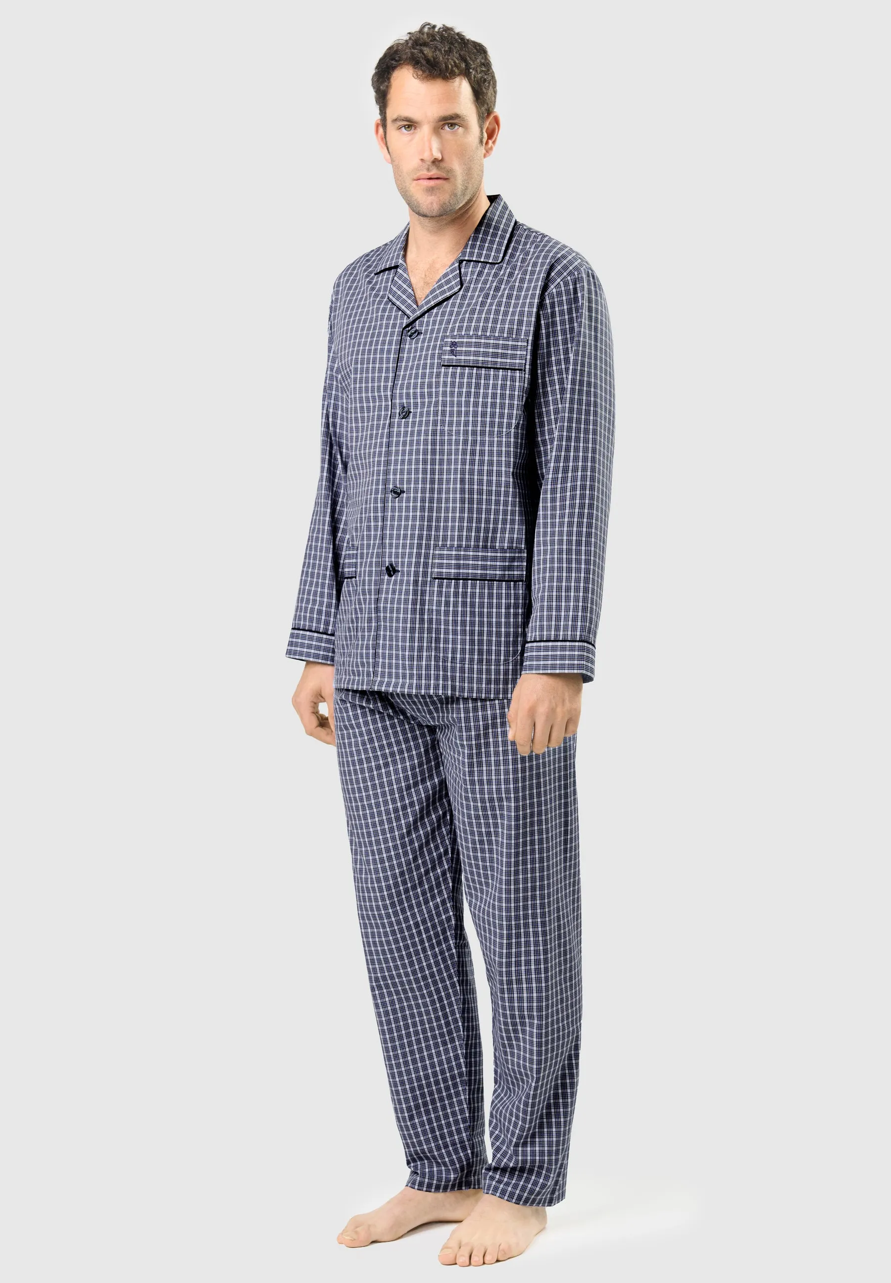 Pijama Hombre Largo Solapa Popelín Cuadros - Azul 1543_39