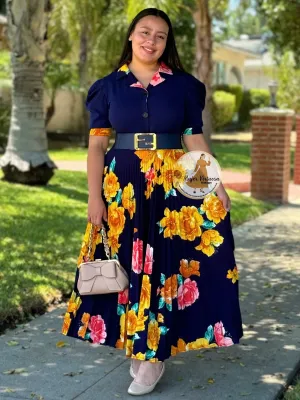 Samara Navy Pleated Floral Dress