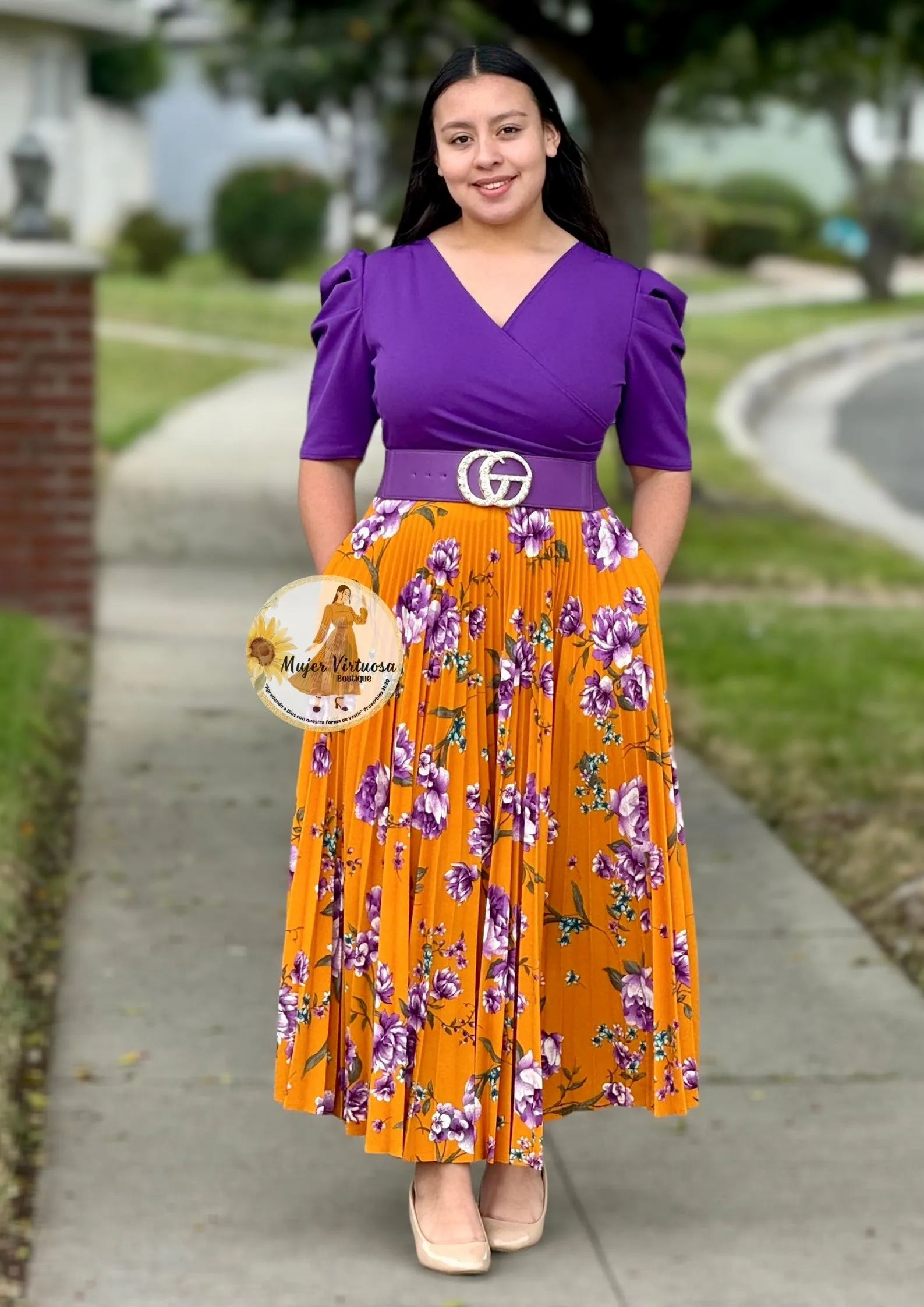 Violet & Mustard Floral Pleated Dress “Jessica”